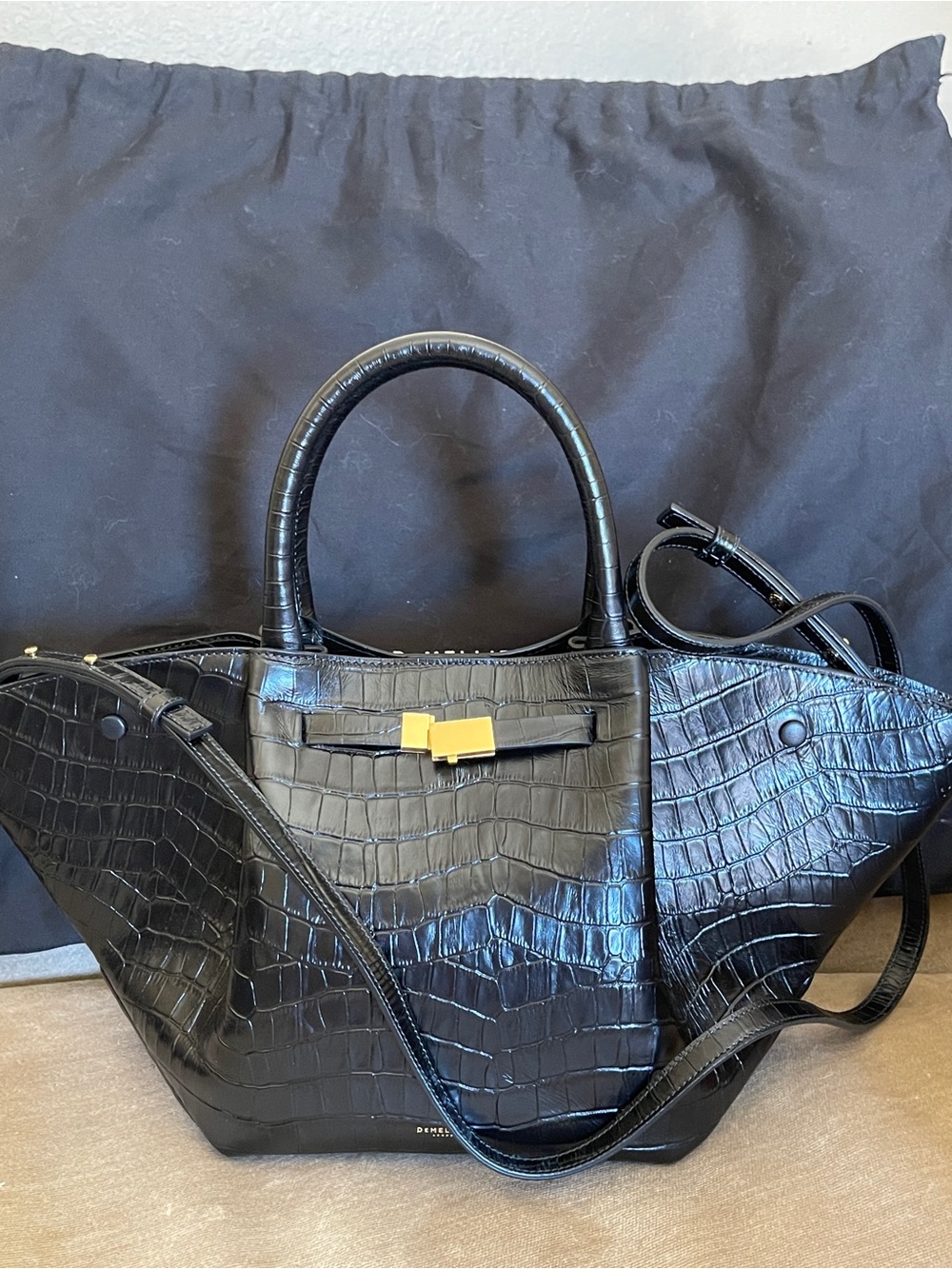 DeMellier The Midi New York Black Croc-Effect Shoulder Bag with Gold Hardware